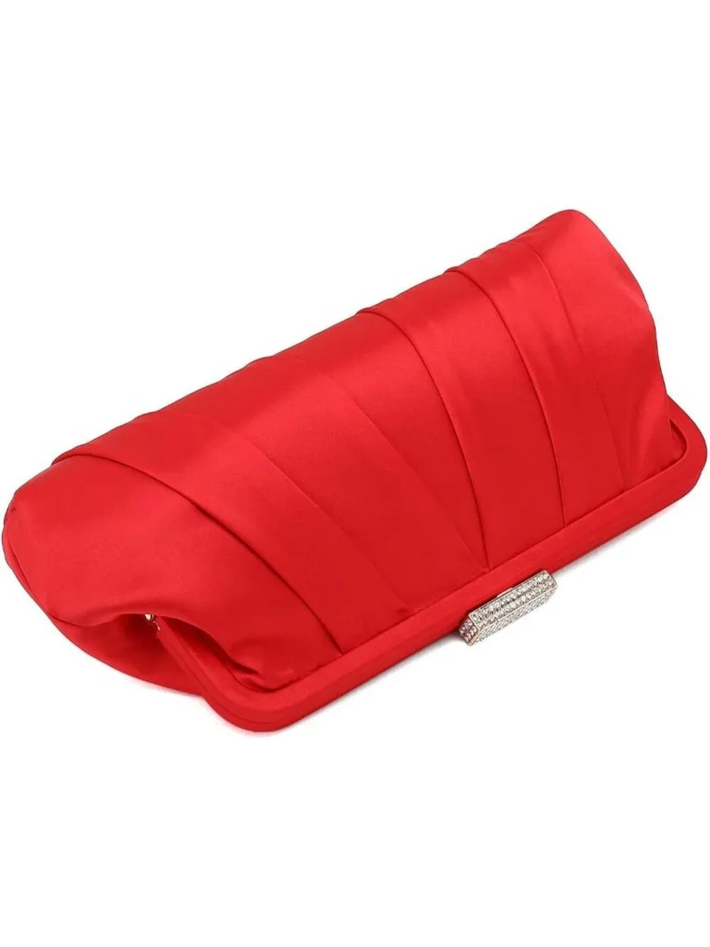 👜 Women's Red Classic Pleated Satin Clutch Bag Diamante Embellished Clutch